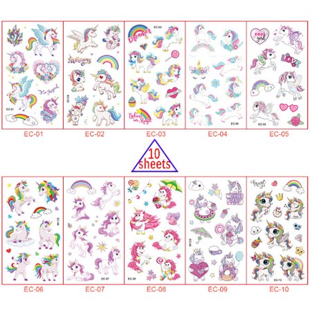 Børne tegneserie tatoveringsklistermærker, Unicorn EC