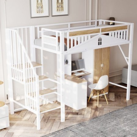 Loftsäng i metall 90 x 200 cm med fönster, med säkerhetsstege, med förvaringsutrymme, vit