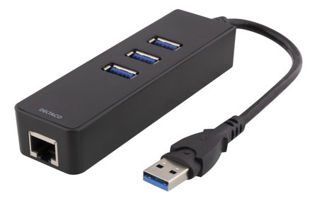 Deltaco nätverksadapter, 1xGigabitRJ45, 1xUSB3 A ha, 3x USB3 ho, svart