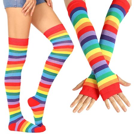 Regnbue Stripete Kne Høye Sokker Benvarmere Fingerløse Hansker Sett For Kvinner Jenter Cosplay