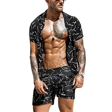 Män Hawaii Boho Sommar Outfit Kortärmad Skjorta Shorts Set Semester StrandBY