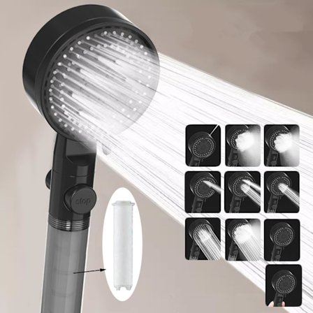 Høytrykks dusjhode med 10 justerbare moduser, baderomsdusjhode med stopper, anti-kalk dusjhode med utskiftbart PP bomullsfilter