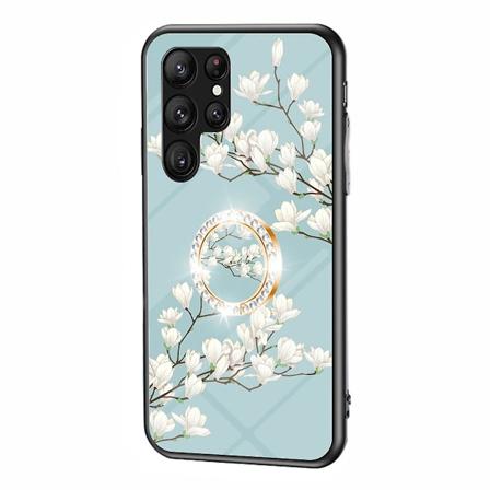 For Samsung Galaxy S23 Ultra Mønstret Hærdet Glas + PC + TPU Etui Ring Kickstand Telefon Cover