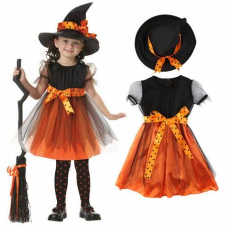 Tjejer Halloween Häxor Hatt Klänning Kostym Häxa Outfit Cosplay 110cm