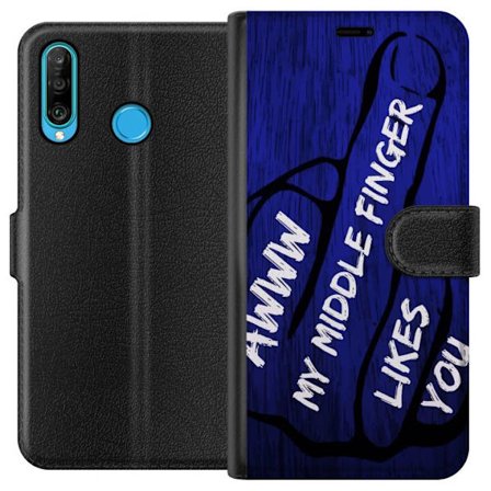 Kompatibelt Lommeboketui til Huawei P30 lite Mørk typografisk illustrasjon med hjerteform og budskap om vennskap mot dyp blå tretekstur