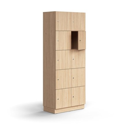Lockable personal storage QBUS, 10 comps, base frame, 2020x800x420 mm, oak