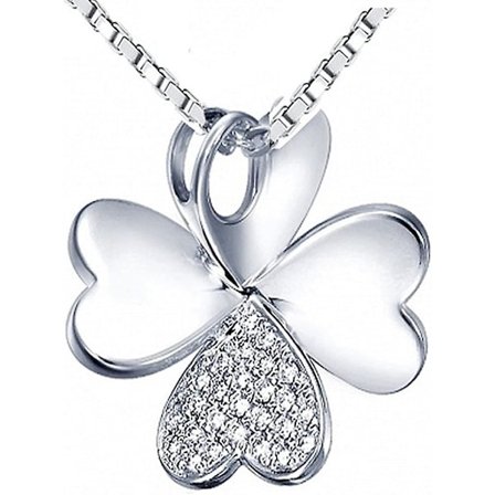 Hvidguldbelagt Sterling Sølv Firekløver Med Lmell Pave Cz Vedhæng Halskæde Gave