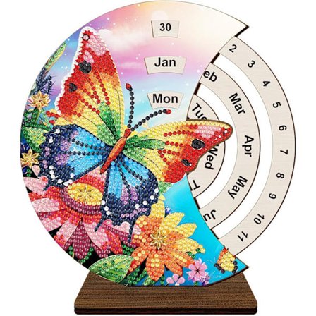 Evigheds Skrivebordskalender Ornament DIY Diamantkunst Maleri Træ Rund Drejelig Kalender med Cirkulær Skive til Indstilling af Datoer Bordplade 