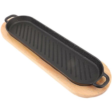 Stegeplade i støbejern med træbase, grillplade, madserveringsbakke