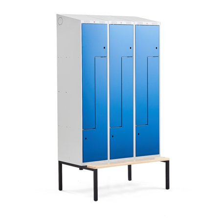 Z-Spind CLASSIC mit Sitzbank, 3 Module/6 Türen, 2290 x 1200 x 550 mm, blau