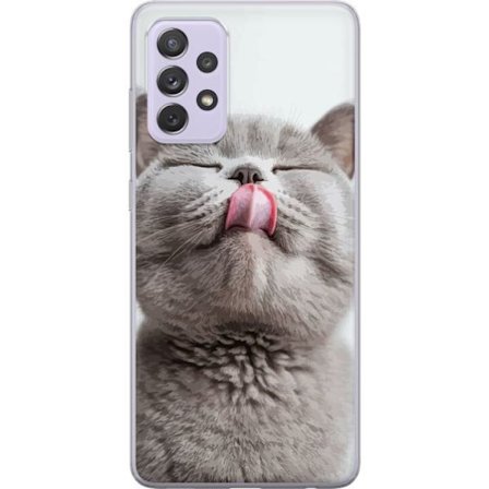 Kompatibelt Mobildeksel til Samsung Galaxy A52s 5G Nærbilde av søt grå katt med tungen ute, sjarmerende dyrsmotiv perfekt for katteelskere og humorist