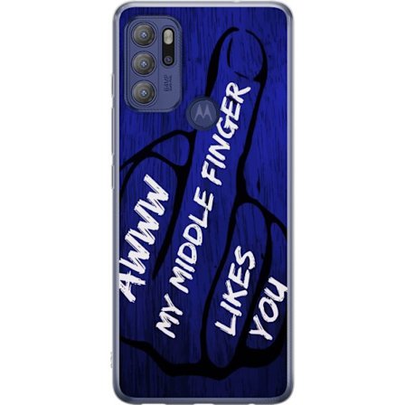 Kompatibelt Mobildeksel til Motorola Moto G60S Mørk typografisk illustrasjon med hjerteform og budskap om vennskap mot dyp blå tretekstur