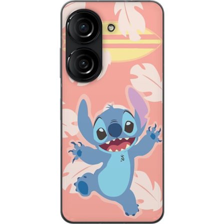 Kompatibel Mobilcover til Asus Zenfone 10 Glad illustration af Stitch der hopper foran lyserød baggrund med surfbræt