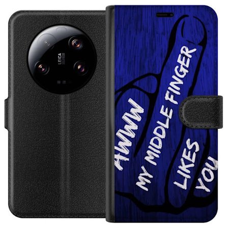 Kompatibelt Lommeboketui til Xiaomi 13 Ultra Mørk typografisk illustrasjon med hjerteform og budskap om vennskap mot dyp blå tretekstur