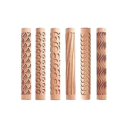 Sæt med 6 Træ Ler Modellering Mønster Rulle Sæt, Ler Kagerulle Tekstureret Håndrulle Træhåndtag