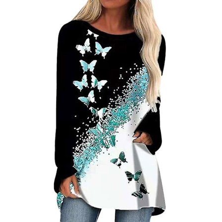 Långärmad fjärilströja dam, höstskjorta med rund hals i plusstorlek, lösa toppar