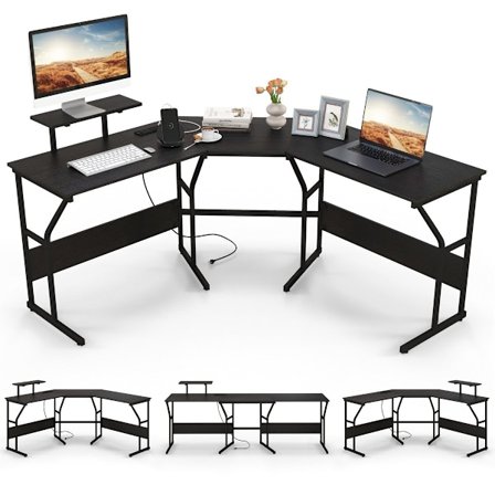 L-formet skrivebord med stikkontakt & Bevægeligt skærmstativ hjørne computerbord sort