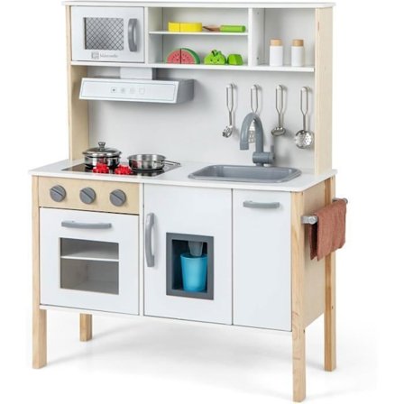 COSTWAY Barnkök 3-6 År i Trä - 18 Tillbehör med Diskho, Vit Mikrovågsugn, Kippersystem