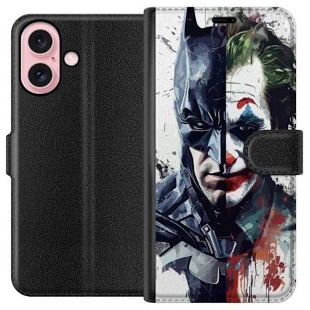 Yhteensopiva Lompakkokotelo Apple Apple iPhone 16 Jakettu muotokuva Batmanista ja Jokerista dramaattisessa kuvituksessa, kuvankaunis supersankariteema