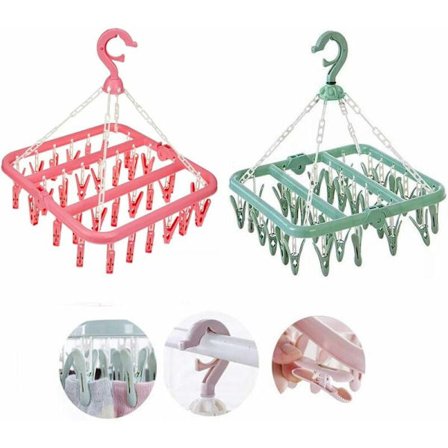 Sokkeholder 2-pak Hængende Tøjstativ Klemmer Plastik Bærbart Tøjstativ med 32 Klemmer til Sokker, Undertøj, Håndklæde (Pink, Grøn)