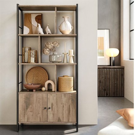 Bokhylla 4 hyllplan med skåp i vintagebrun och svart stål