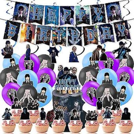 Onsdag Addams Temafest Dekorasjon, Addams Banner Ballonger Kake Topper Sett Fest Dekor Forsyninger For Barn Bursdag ( )