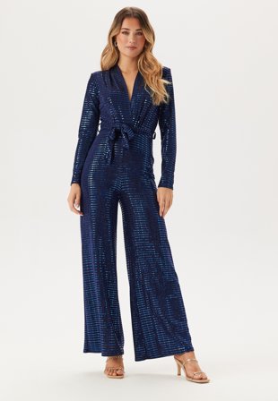 John Zack Sequin Wide Leg Jumpsuit Navy Klær