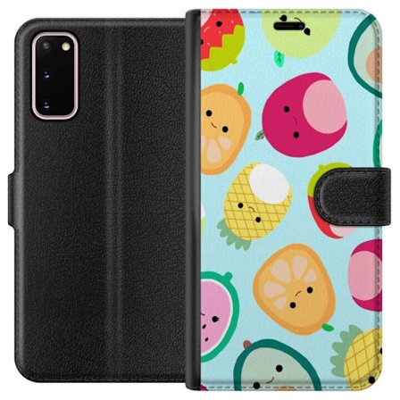 Kompatibel Tegnebogsetui til Samsung Galaxy S20 Mønster af kawaii frugter som jordbær citron ananas og avocado på lyseblå baggrund