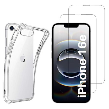 Iskunkestävä kuori - Phonillico - iPhone 16e - Pehmeä - Läpinäkyvä - 2 Karkaistua Lasia