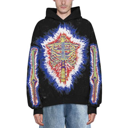 Damer Skull Print Pullover Color Block Hooded Tops