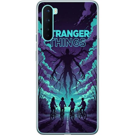 Yhteensopiva Puhelinkuori OnePlus OnePlus Nord Stranger Things -inspiroitunut fantasiaillustraatio, jossa on tumma hirviö, pyöräilevät lapset ja d