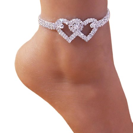 Full Diamond Double Heart Anklet Summer Beach Jewelry Rhinestone Accessories