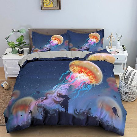 Ocean Jellyfish Sängklädesset Glänsande Havsdjur Påslakan King/Queen Size Magiskt Marinliv Blå 2/3 delar Polyester Täcke