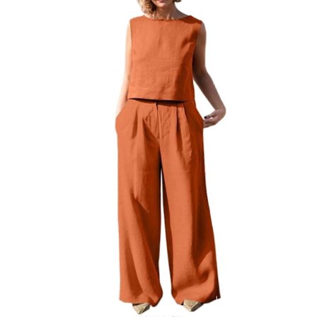 Vår Sommer Ensfarvet Rund Hals Tank Top Lige Bukser Fritid Hverdagsdragt til Kvinder Shopping Camping Sæt Orange XL