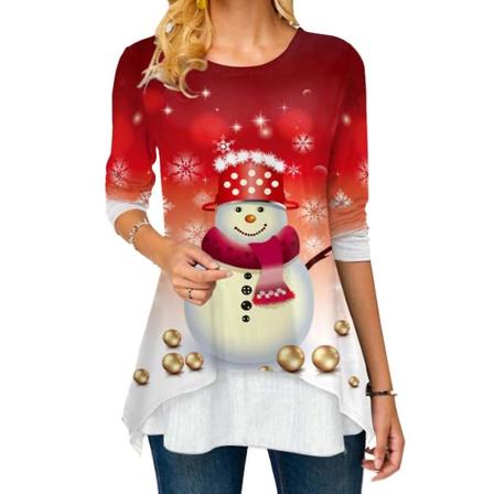 Jul Kvinder Snemand Holiday Tree Print Casual T-shirt Xmas langærmet rund hals skjorte Bluse Longline Toppe Plus Size Red 5XL