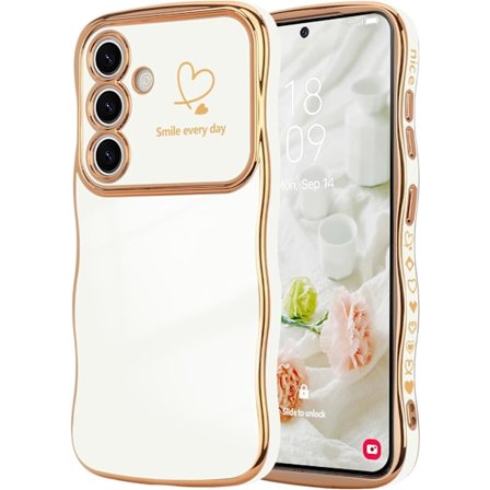 Samsung GaIaxy S24 Cover til Kvinder Piger, Sødt Bølgeformet Stel Krøllet Form med Hjerteformet Hævet Kamerabeskyttelse Luksus Belægning S