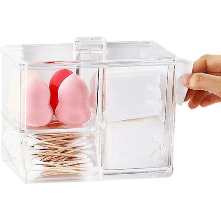 Bomuldsvatpind Dispenser Makeup Opbevaringsboks, Bomuldsboldholder Bomuldspude Vatpindholder Opbevaringsboks Med Låg 3 Rum Opbevaringsboks Beholder 