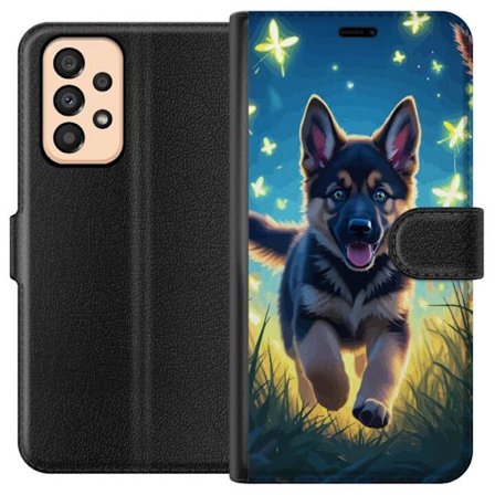 Kompatibelt Lommeboketui til Samsung Samsung Galaxy A33 5G Tysk schäfer valp plakat valp hund hopper eng fjärler søt hund illustrasjon blå natt ku