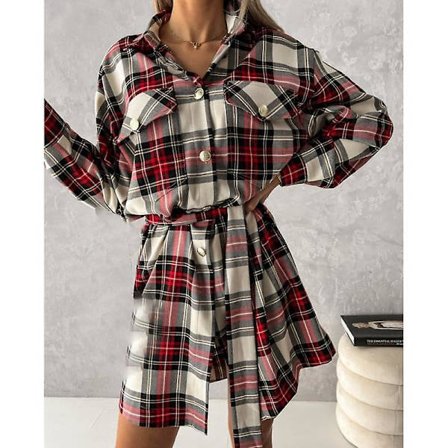 Dame Langermet Rutete Tunika Topper Skjorte Casual Kjole Med Belte i Midjen Høst Vår