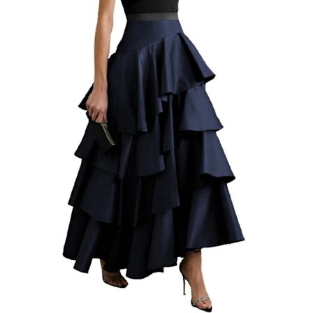 Uoozee Dame A-linje Flæse Fest Nederdel Høj Talje Plisseret Ensfarvet Lang Nederdel Marineblå