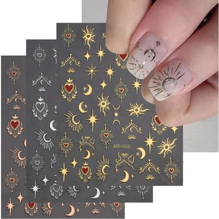 IC 3 ST 3D kynsitikkaita kynsikoristeluun, ruusukultaiset tarrat Aurinko Kuu T hti Kynsikoristeet Itsekiinnittyv t syd n kynsikoristelu