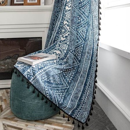 Geometriske semi-mørkleggende gardiner med 2 paneler, tribal bomulls-lin mørkleggende gardiner med svart kant og duskstang, for stue/soverom (15