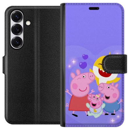 Kompatibel Tegnebogsetui til Samsung Galaxy S25 Peppa Gris mønster med hjerter, sommerfugle og venner, lyserød baggrund i bløde børneillustratione