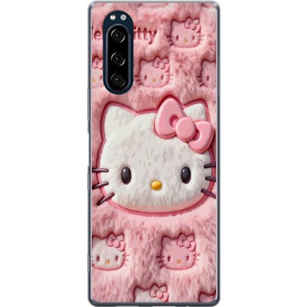 Kompatibelt Mobildeksel til Sony Xperia 5 Hello Kitty rosa fluffy bakgrunn med ikoniskt ansikt og kawaii-estetikk