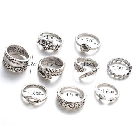 9 stk Vintage Kvinders Huludskårne Blomsterblade Åbne Knogle Ring Sæt