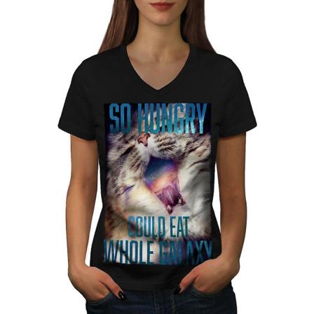 Hungry Galaxy Cat Rolig T-shirt för kvinnor L