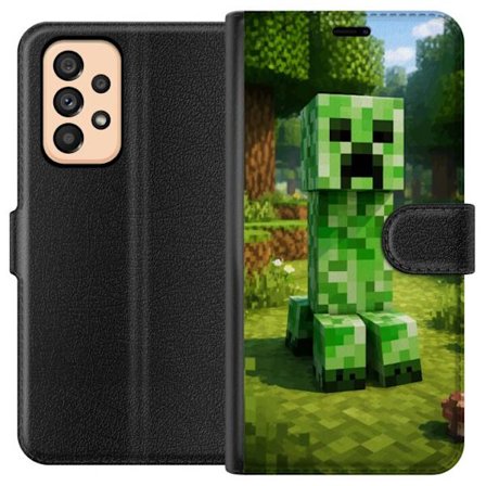 Kompatibelt Plånboksfodral till Samsung Galaxy A53 5G Block-baserad Creeper-figur i en grön pixell värld, ikonisk spelillustration för barnrum, ga