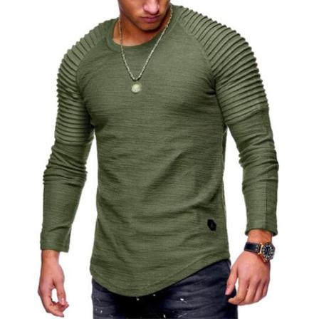 Slim T-shirt För Män Harajuku Långärmad Plisserad Solid Casual Fitn