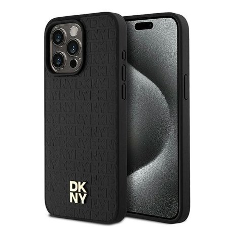 DKNY Nahka monogrammi kuvio metalli logo MagSafe tapauksessa iPhone 15 Pro Max - musta