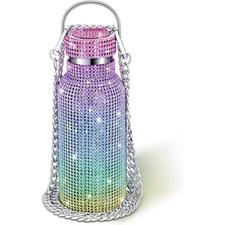 Diamant-Isolert Vannflaske Glitrende Rhinestone Rustfritt Stål Fyllbar Glitter Termos med Kjede for Kvinner Jenter Gaver (Regnbuefarger, 500ml